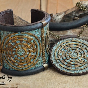 Statement jewelry set Wide bracelet Large pendant Blue jewelry Labyrinth pendant Labyrinth necklace Labyrinth bracelet Inspirational
