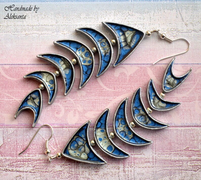 Dark blue and silver fish earrings Celestial Statement jewelry for women Nautical earrings Polymer clay jewelry gift Zodiac jewelry Pisces image 2