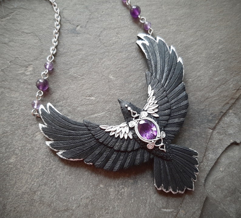 Black raven crow necklace Amethyst flying bird necklace Halloween Gothic statement jewelry for women image 9