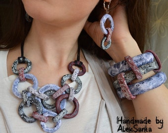 Unusual Statement Boho Jewelry Set - Polymer Clay Bib Necklace Wide Bracelet & Dangle Earrings Gift