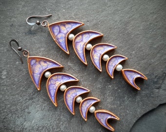 Purple and gold long fish earrings for women Zodiac Pisces gift for her Celestial statement jewelry Nautical earrings for sea lover