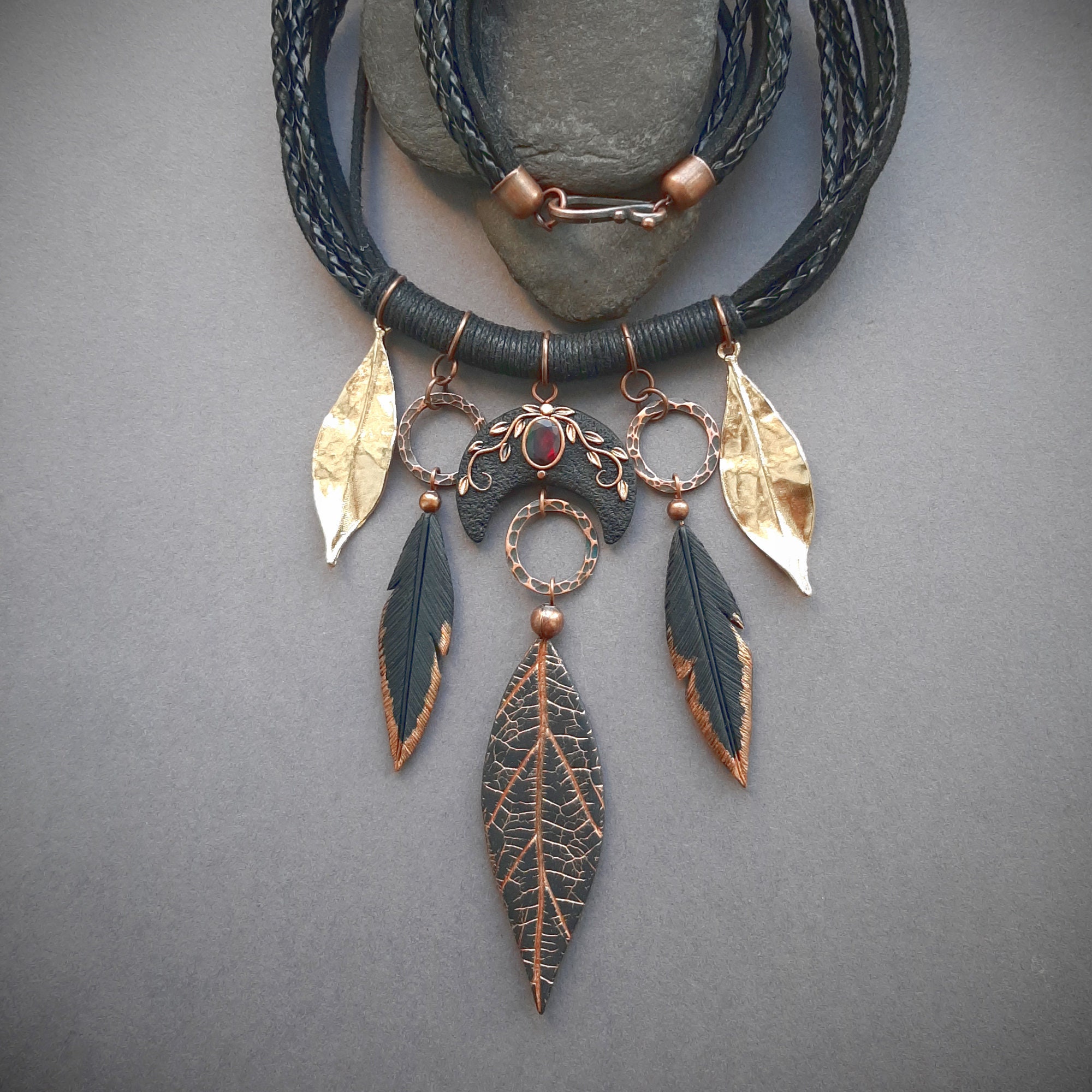 Black Moon Opal Witch Necklace With Feathers and Leaves: Pagan ...