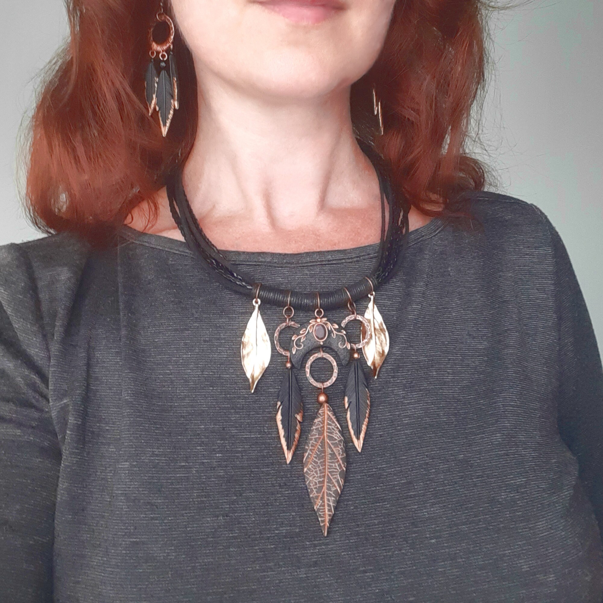 Black Moon Opal Witch Necklace With Feathers and Leaves: Pagan ...