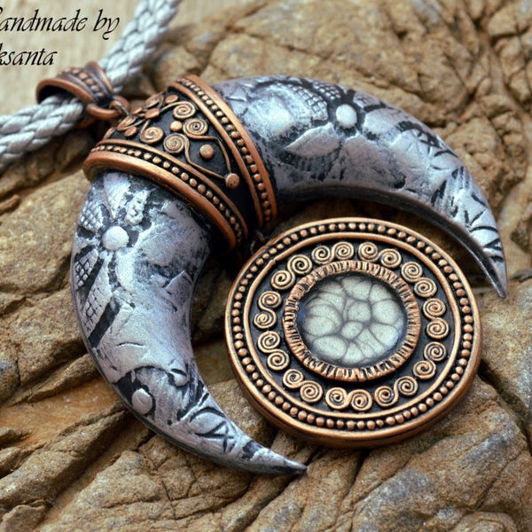 Crescent moon necklace Moon phases jewelry Celestial jewelry Statement pendant necklace Polymer clay jewelry gift for women