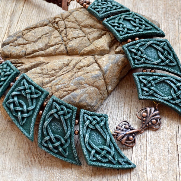 Green Celtic Elven Fairytale Bib Necklace - Statement Art Nouveau Polymer Clay Jewelry Gift