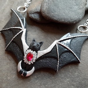 Bat necklace with crescent moon and ruby Halloween black Gothic flying bat jewelry Statement necklace for women image 5