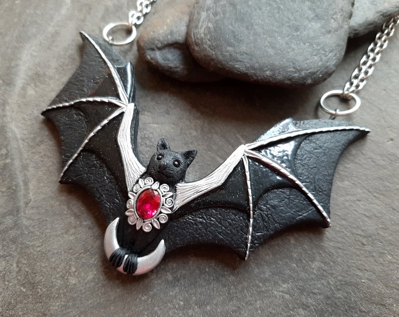 Bat necklace with crescent moon and ruby Halloween black Gothic flying bat jewelry Statement necklace for women image 5