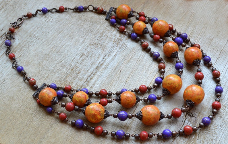 Layered boho necklace Burnt orange multistrand necklace Clothing gift Long fall necklace Polymer clay jewelry Boho chic jewelry image 1