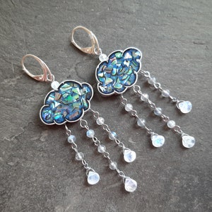 Rain Cloud Earrings with Abalone Shell, Labradorite and Moonstones Statement jewelry gift for women Shiny Raindrop earrings Labradorit&Moonstone