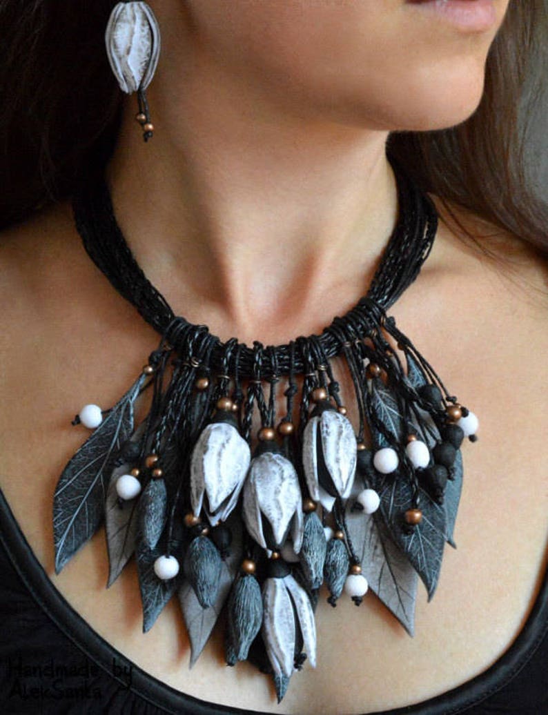 Statement necklace Boho wedding jewelry Black and white jewelry Chunky necklace Polymer clay jewelry for women Gift for her Fashion necklace image 10