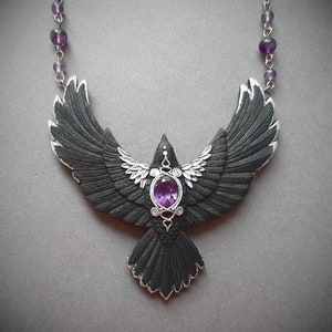 Black raven crow necklace Amethyst flying bird necklace Halloween Gothic statement jewelry for women image 6