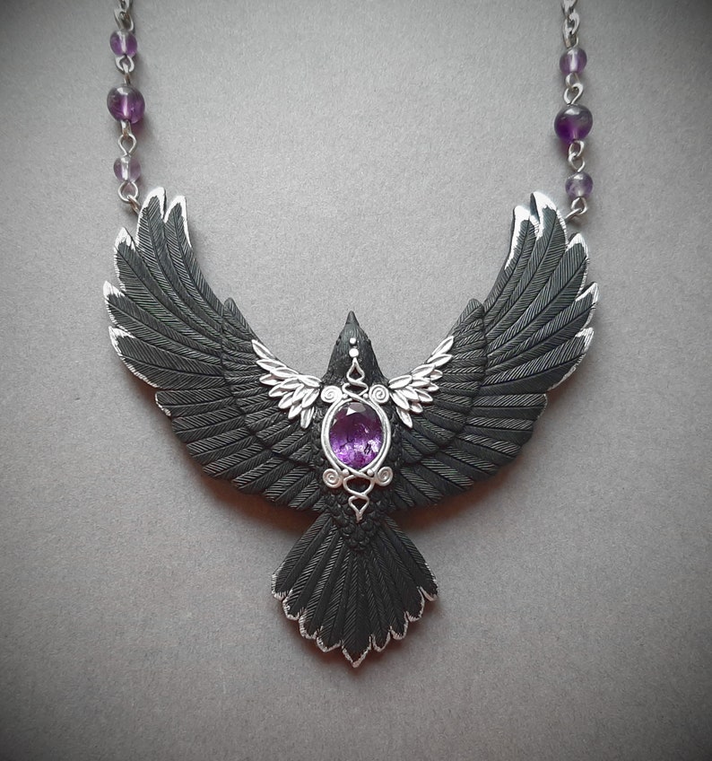 Black raven crow necklace Amethyst flying bird necklace Halloween Gothic statement jewelry for women image 6