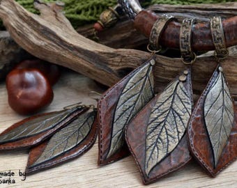 Statement Autumn Fall Leaf Necklace & Large Earings - Brown and Bronze Earth Tone Polymer Jewelry