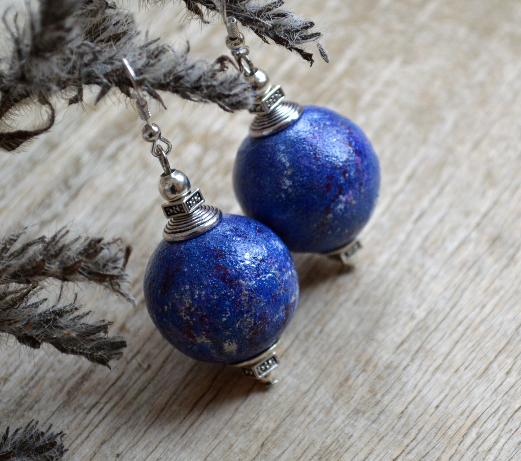 birthday gift Blue galaxy earrings Polymer clay flower silver dangle jewelry