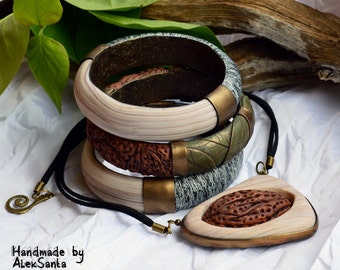 Statement Beige Schwarz Grün Polymer Ton Schmuckset: Naturinspirierte Blatt Armbänder & Anhänger Halskette