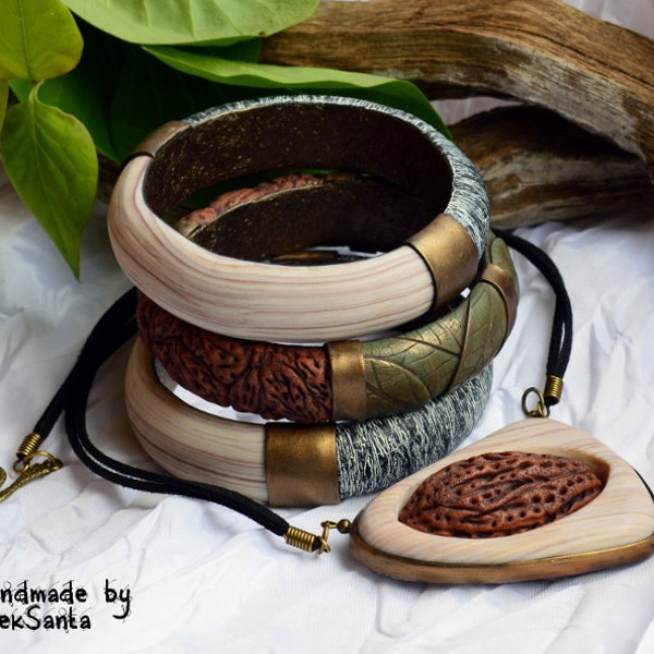 Statement Beige Black Green Polymer clay jewelry set: Nature Inspired Leaf bracelets & Pendant Necklace