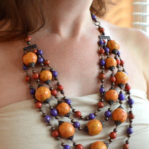 Layered boho necklace Burnt orange multistrand necklace Clothing gift Long fall necklace Polymer clay jewelry Boho chic jewelry image 9