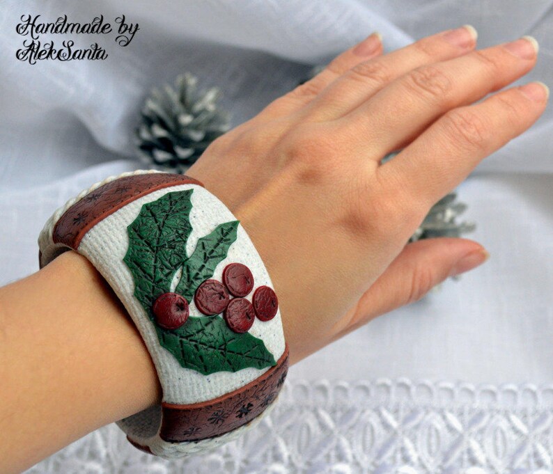 Christmas holly bangle bracelet Polymer clay off white, green and red statement winter jewelry New year Xmas gift for her image 5