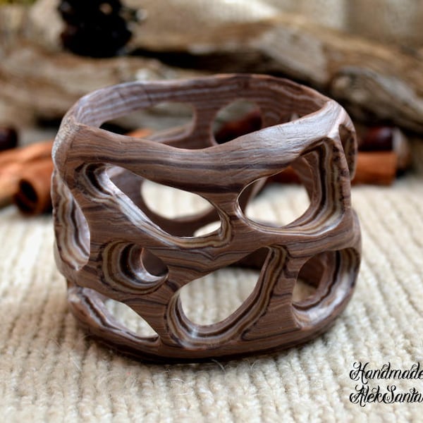 Brunt & Beige Bredt Chunky Boho Armband: Ovanligt Moderiktigt Höst Höst Smycke Gåva