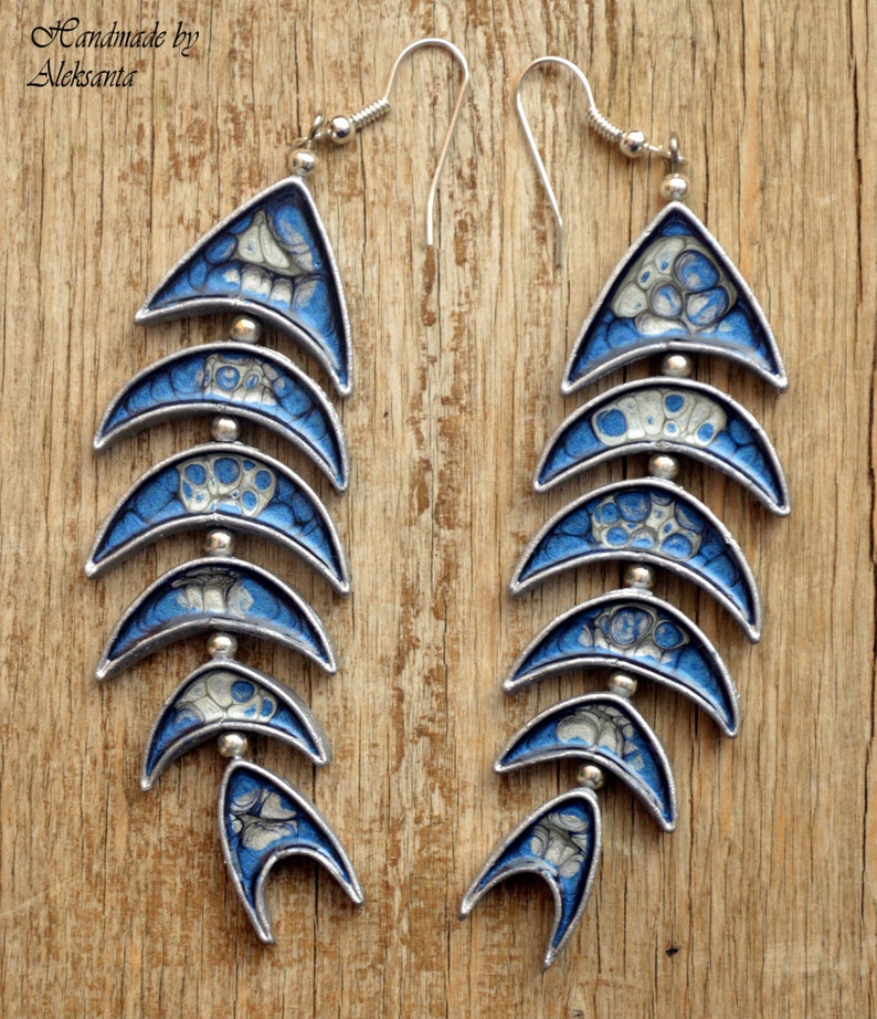 Dark blue and silver fish earrings Celestial Statement jewelry for women Nautical earrings Polymer clay jewelry gift Zodiac jewelry Pisces image 10