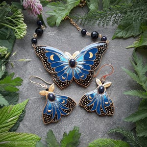 Celestial Moth Jewelry Set: Fantasy Moon Stars Blue & Black Necklace and Earrings with Opals