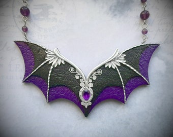 Purple and black Bat wings Gothic witchy Halloween necklace with amethyst