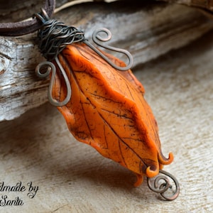 Burnt Orange Fall Leaf Pendant Necklace: Statement Autumn Floral Polymer Clay Jewelry