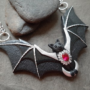 Bat necklace with crescent moon and ruby Halloween black Gothic flying bat jewelry Statement necklace for women image 10