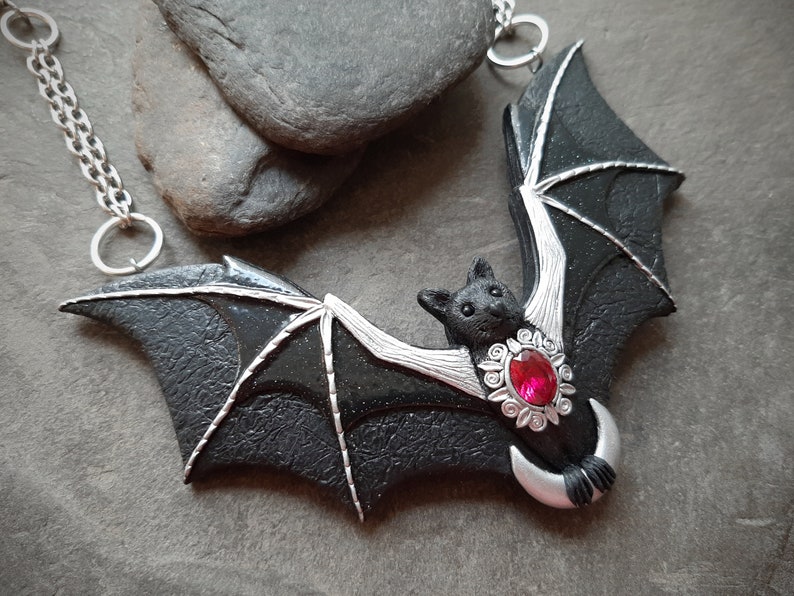 Bat necklace with crescent moon and ruby Halloween black Gothic flying bat jewelry Statement necklace for women image 10