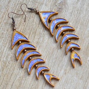 Purple and gold fish earrings Polymer clay jewelry for women Long Dangle earrings Celestial Statement jewelry gift Unique unusual earrings image 2