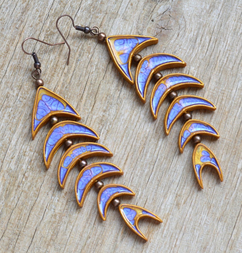 Purple and gold fish earrings Polymer clay jewelry for women Long Dangle earrings Celestial Statement jewelry gift Unique unusual earrings image 2