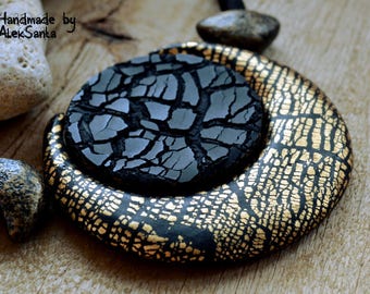 Celestial Crescent moon necklace Black necklace Half moon necklace Stunning jewelry Large pendant necklace Polymer clay jewelry Gift
