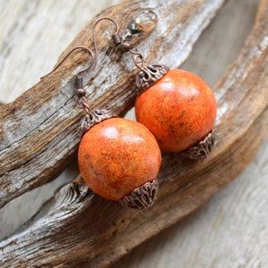 Large ball burnt orange dangle earrings Statement boho jewelry for women Polymer clay fashion sphere earrings Fancy gift for her