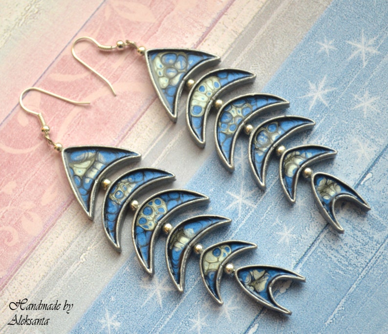 Dark blue and silver fish earrings Celestial Statement jewelry for women Nautical earrings Polymer clay jewelry gift Zodiac jewelry Pisces image 7