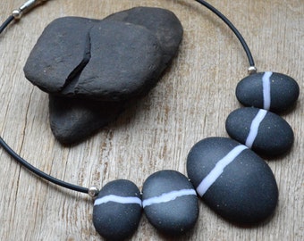 Minimalist Stone necklace Black and white jewelry Statement Fashion necklace Polymer clay jewelry for women Pebble jewelry Gift for her