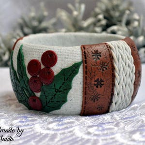 Christmas holly bangle bracelet Polymer clay off white, green and red statement winter jewelry New year Xmas gift for her image 2