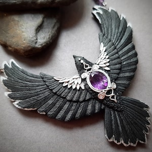 Black raven crow necklace Amethyst flying bird necklace Halloween Gothic statement jewelry for women image 5