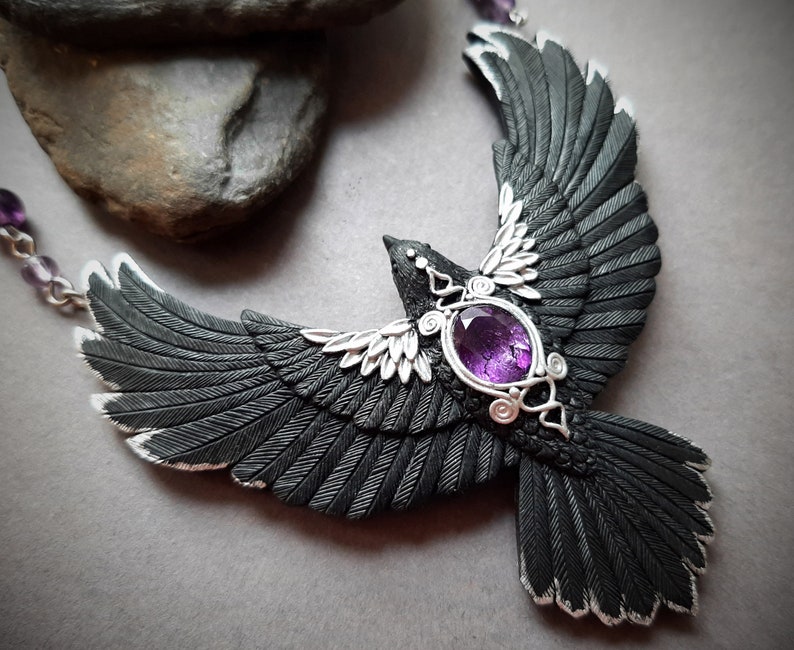 Black raven crow necklace Amethyst flying bird necklace Halloween Gothic statement jewelry for women image 5