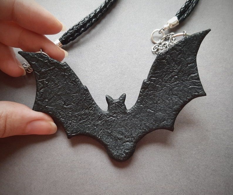 Bat necklace with crescent moon and ruby Halloween black Gothic flying bat jewelry Statement necklace for women image 6