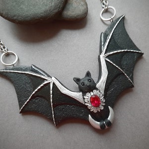 Bat necklace with crescent moon and ruby Halloween black Gothic flying bat jewelry Statement necklace for women image 3