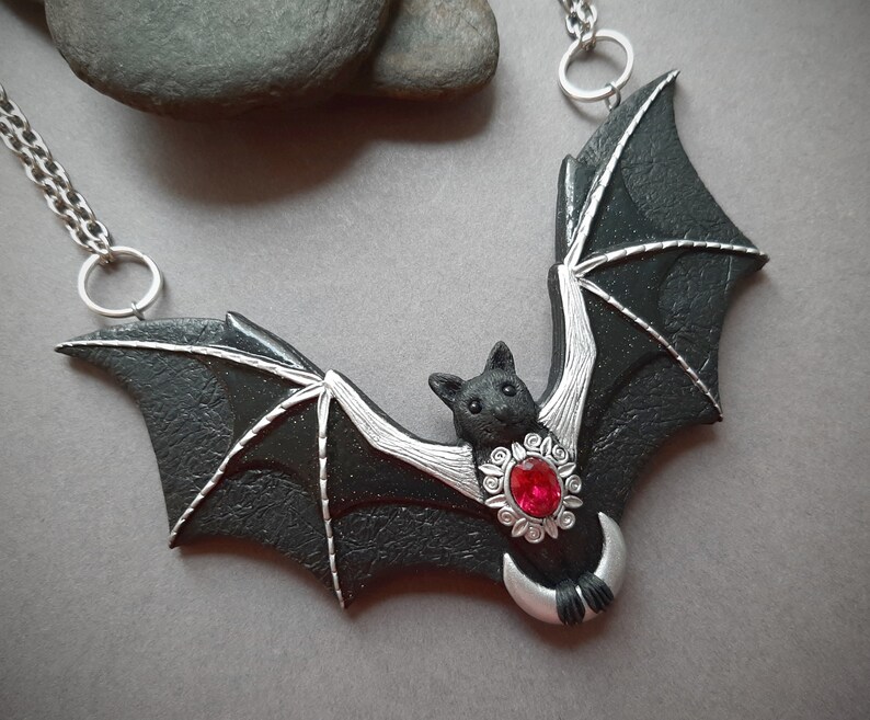 Bat necklace with crescent moon and ruby Halloween black Gothic flying bat jewelry Statement necklace for women image 3