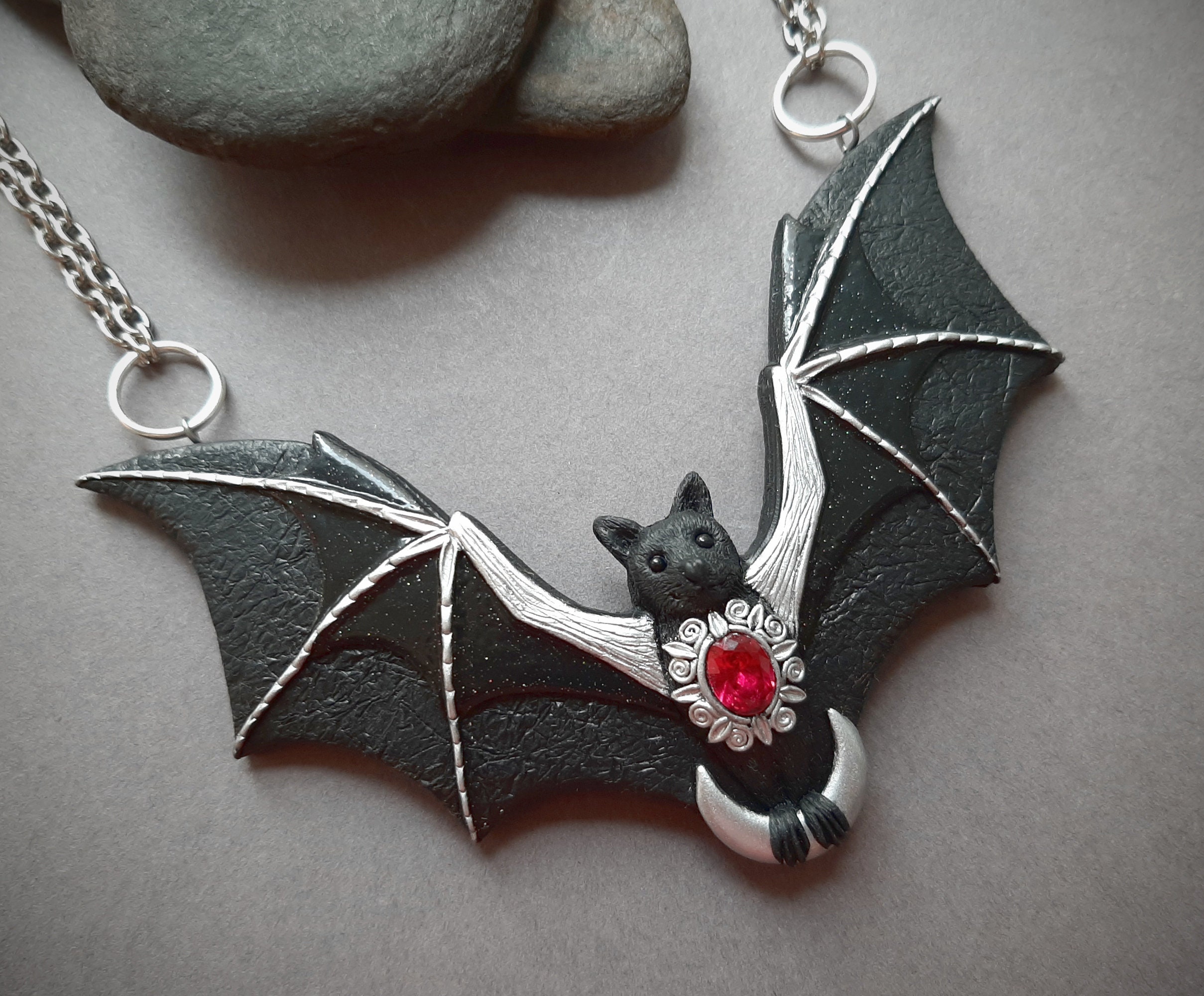Black Bat Necklace With Crescent Moon and Ruby: Halloween Gothic ...