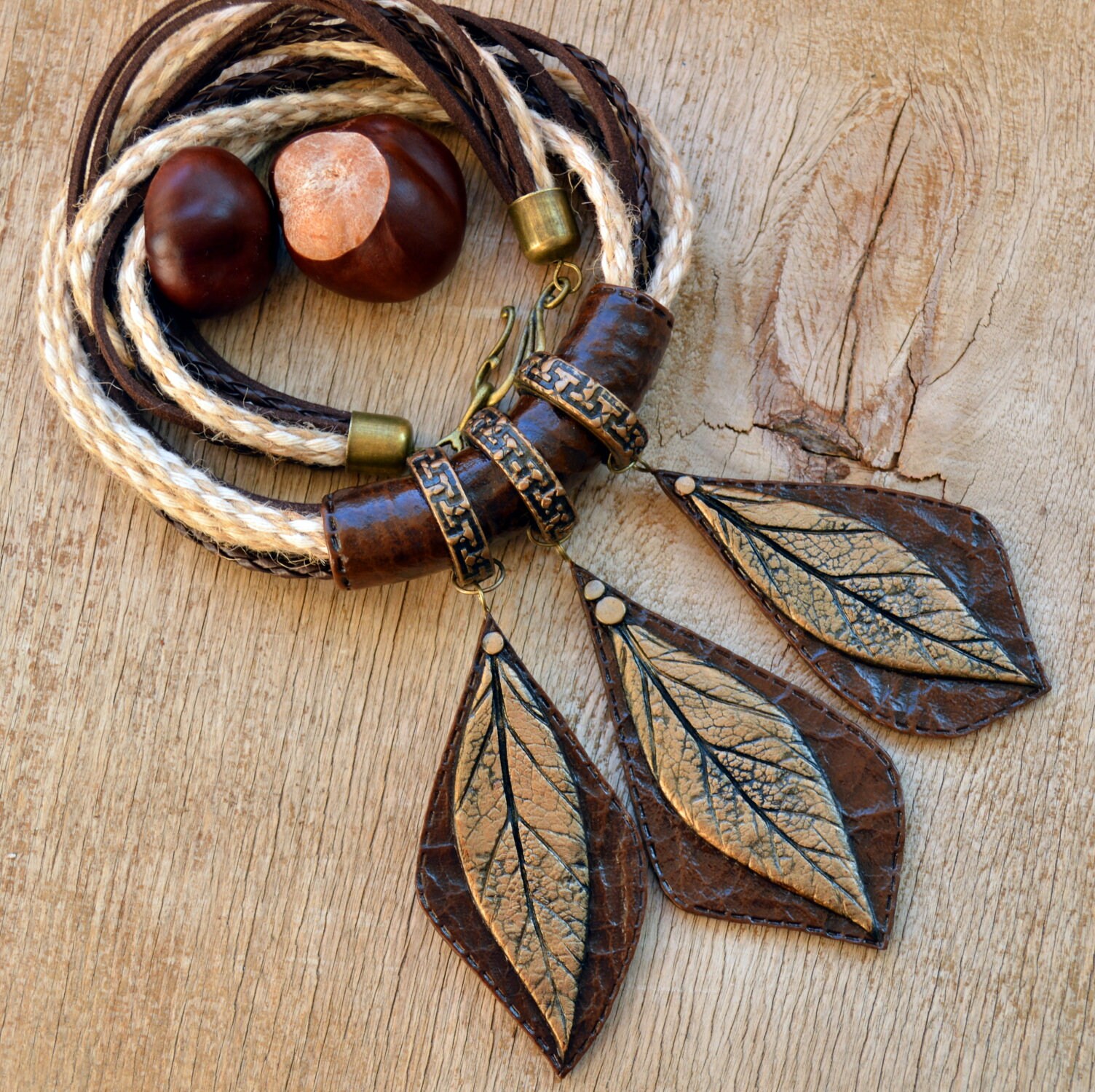 Large Brown Leaf Necklace Boho Wedding Jewelry Statement Polymer Clay Jewelry for Women Earth Tone Gift Bronze Autumn Fall Leaves Necklace