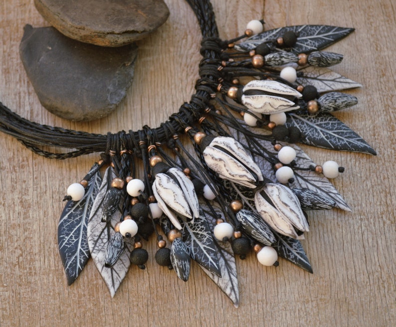 Statement necklace Boho wedding jewelry Black and white jewelry Chunky necklace Polymer clay jewelry for women Gift for her Fashion necklace image 9