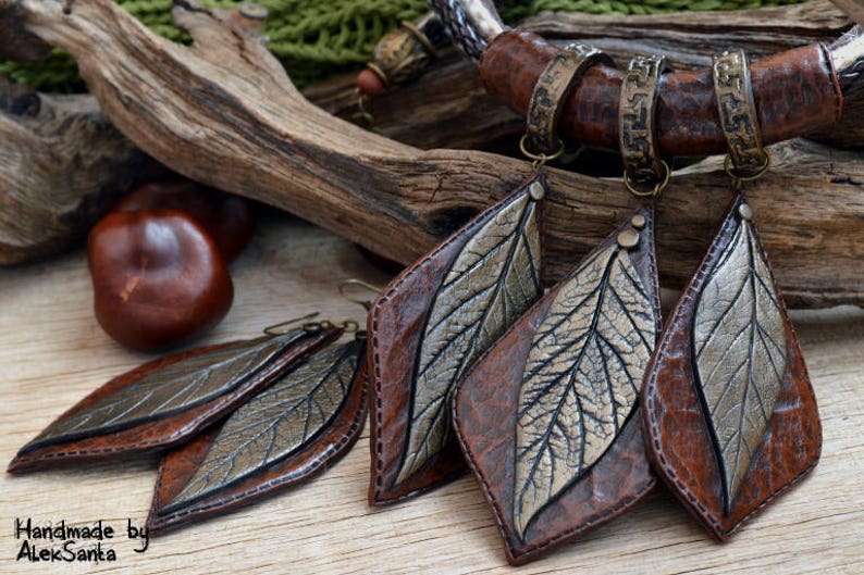 Statement jewelry set Necklace and earings Polymer clay jewelry for women Brown jewelry Earth tone Autumn leaves Autumn jewelry Fall leaves image 1