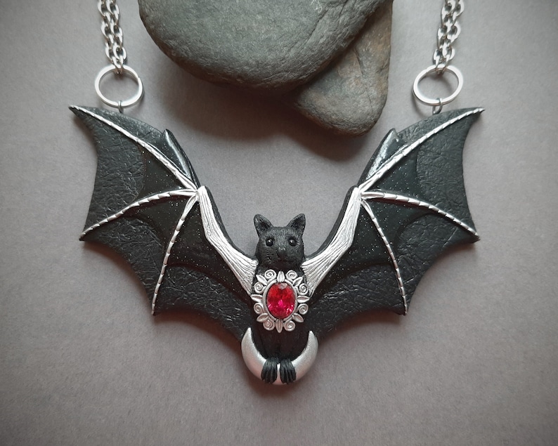 Bat necklace with crescent moon and ruby Halloween black Gothic flying bat jewelry Statement necklace for women image 1