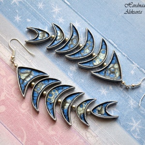 Dark blue and silver fish earrings Celestial Statement jewelry for women Nautical earrings Polymer clay jewelry gift Zodiac jewelry Pisces image 6