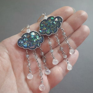 Rain Cloud Earrings with Abalone Shell, Labradorite and Moonstones Statement jewelry gift for women Shiny Raindrop earrings image 8
