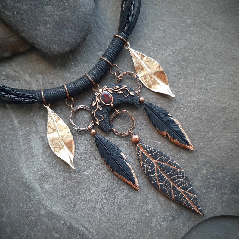 Black Moon Opal Witch Necklace With Feathers and Leaves: Pagan ...