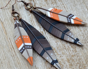 Long feather earrings Statement jewelry Southwestern jewelry Feather jewelry Native jewelry Autumn earth tone fall earrings Western jewelry